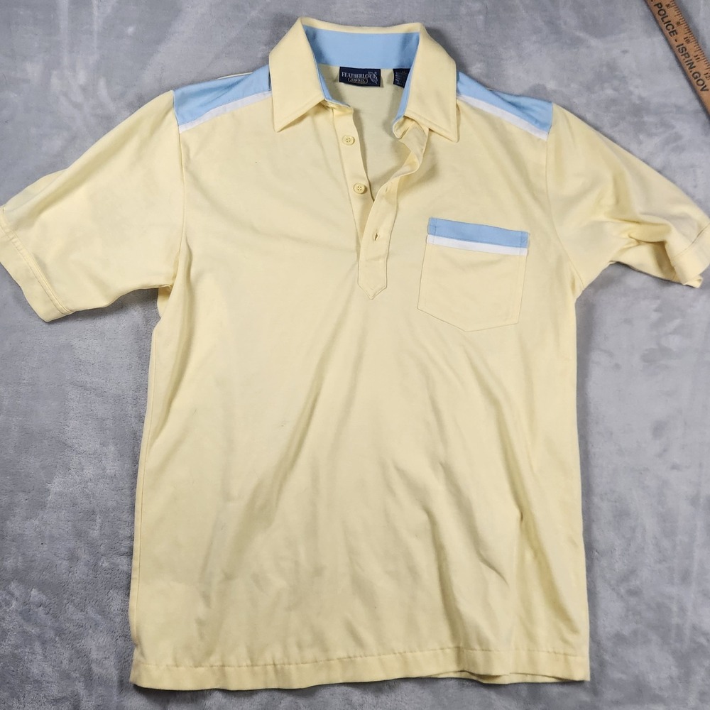 Vintage Featherlock Polo Shirt Medium Yellow 3 Button Single Stitch 70s Retro